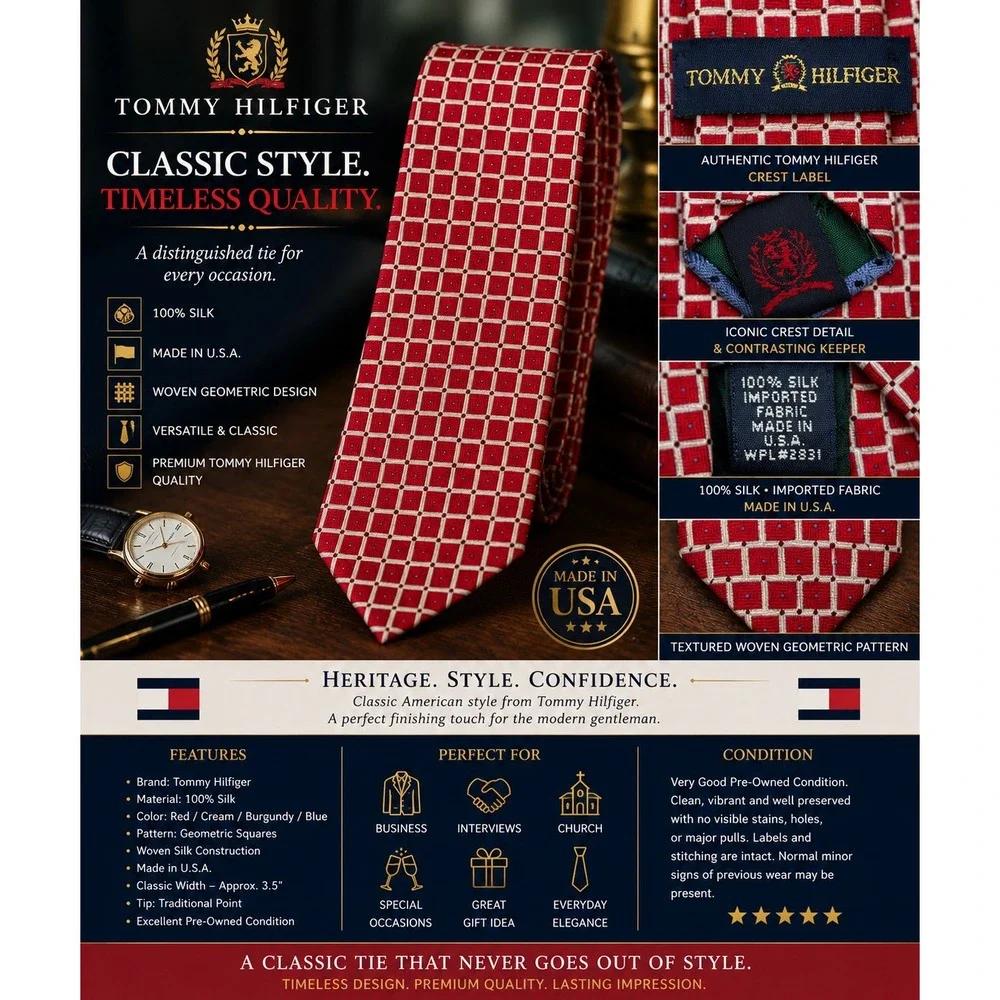 Tommy Hilfiger Men's 100% Silk Tie Red Geometric Square Pattern Made in USA